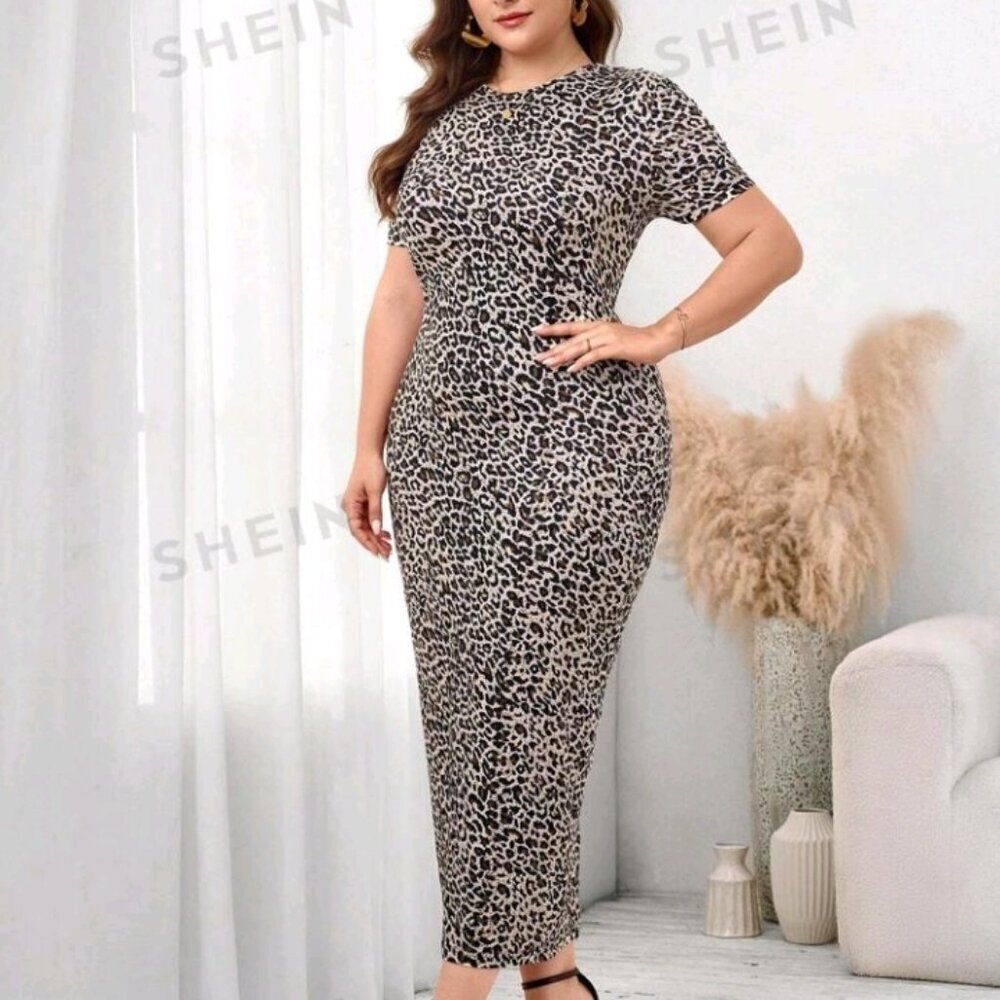 Clasi Plus Size Women's Leopard Print Bodycon Midi Dress - Picture 4 of 8